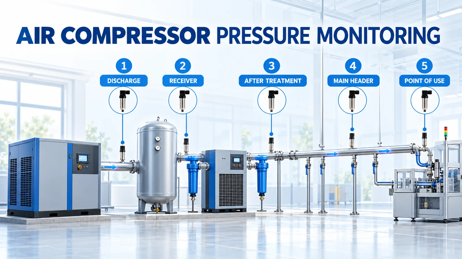 AI infographic showing pressure measurement points from an air compressor through treatment and distribution to a critical point of use
