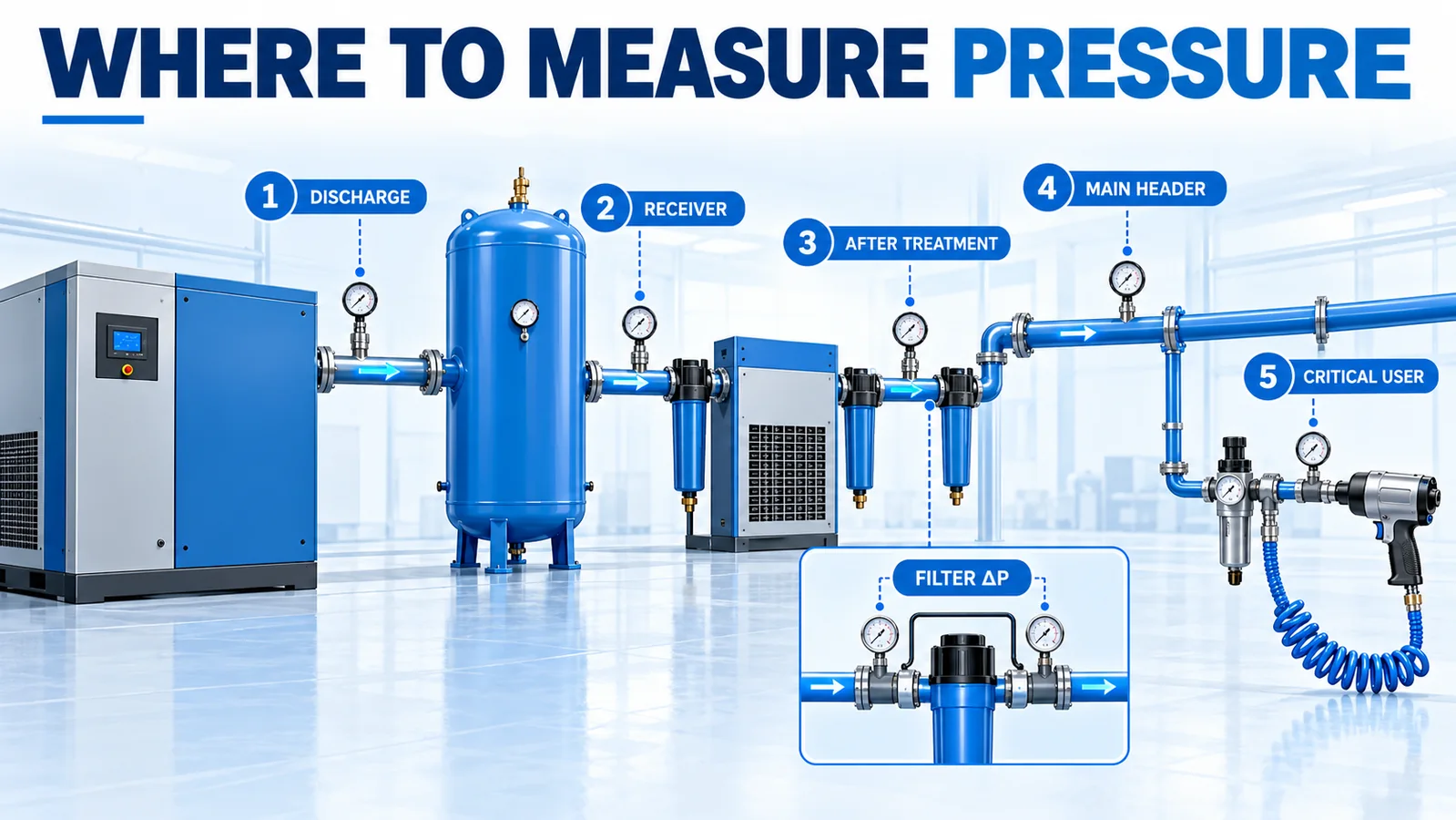 AI system diagram showing five compressed-air pressure measurement locations and a separate filter differential pressure measurement