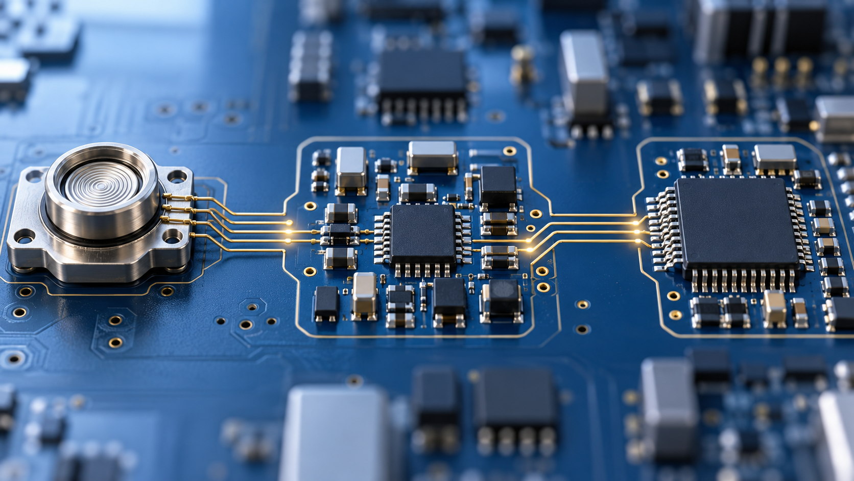 AI-generated conceptual circuit board showing a sensor front end and digital processing path