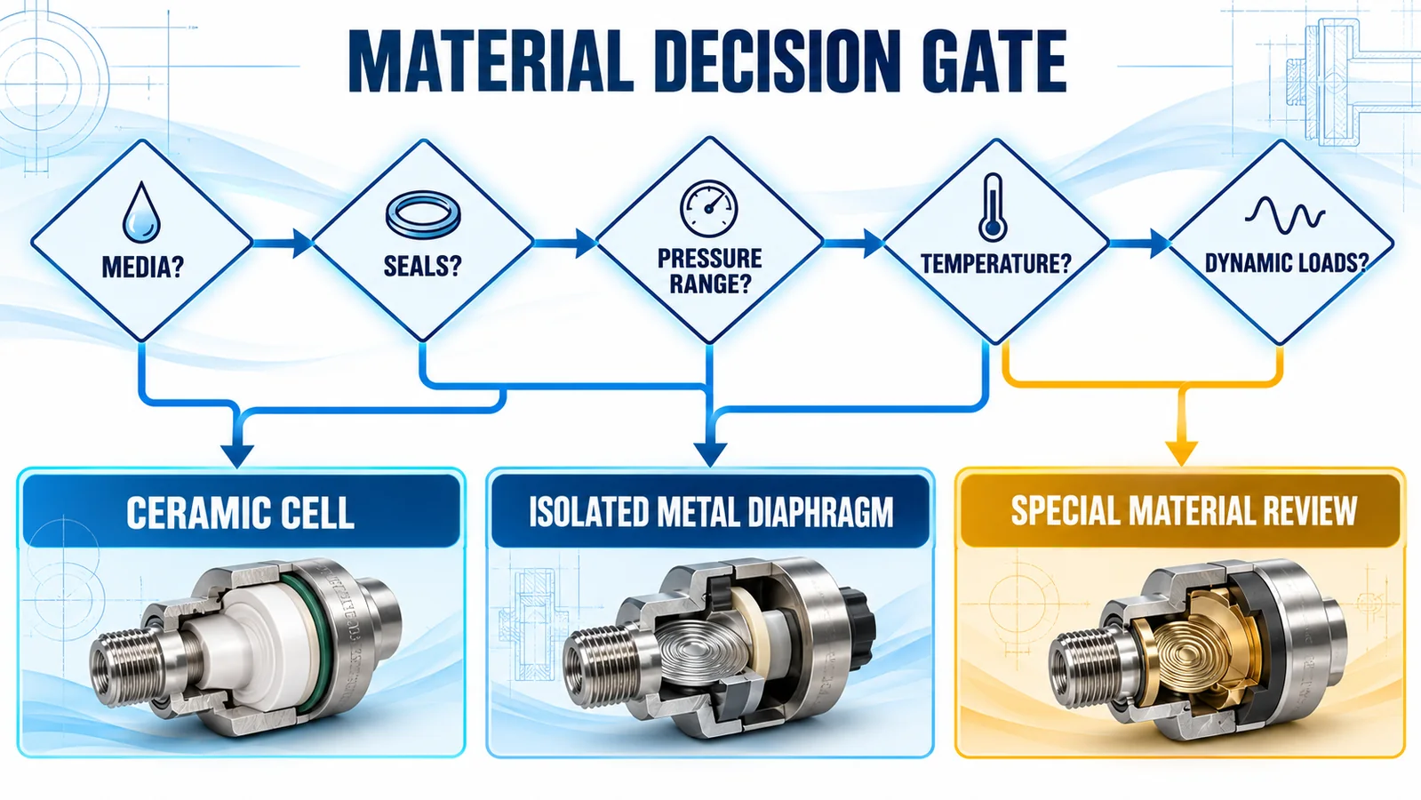 AI decision flow for selecting a ceramic cell an isolated metal diaphragm or a special material review