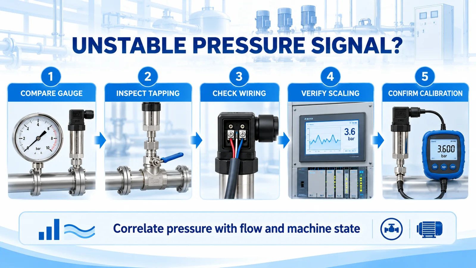 AI five-step workflow for troubleshooting an unstable air compressor pressure signal
