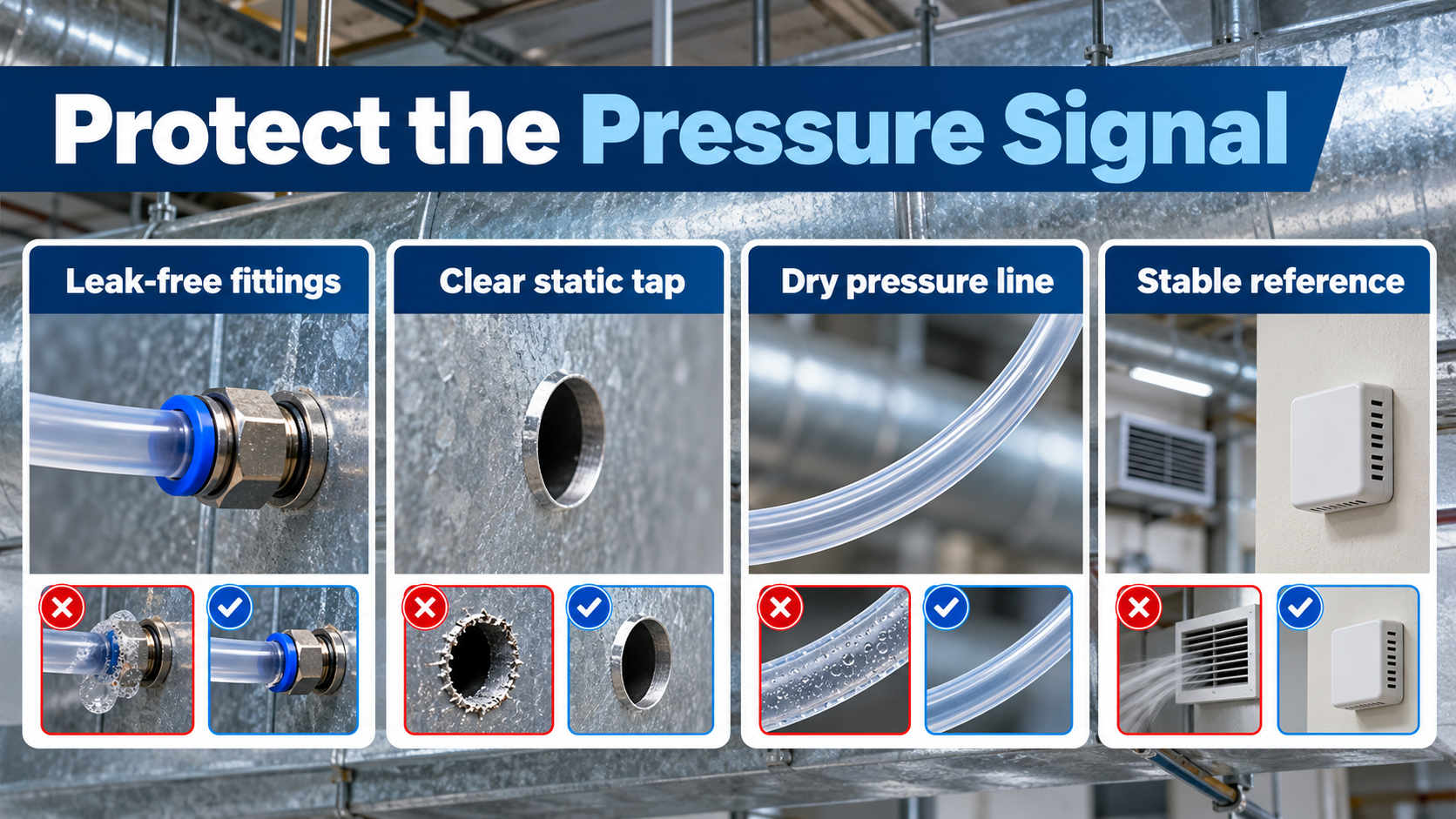 AI four-card field check for sealed fittings a clear static tap a dry tube and a stable pressure reference
