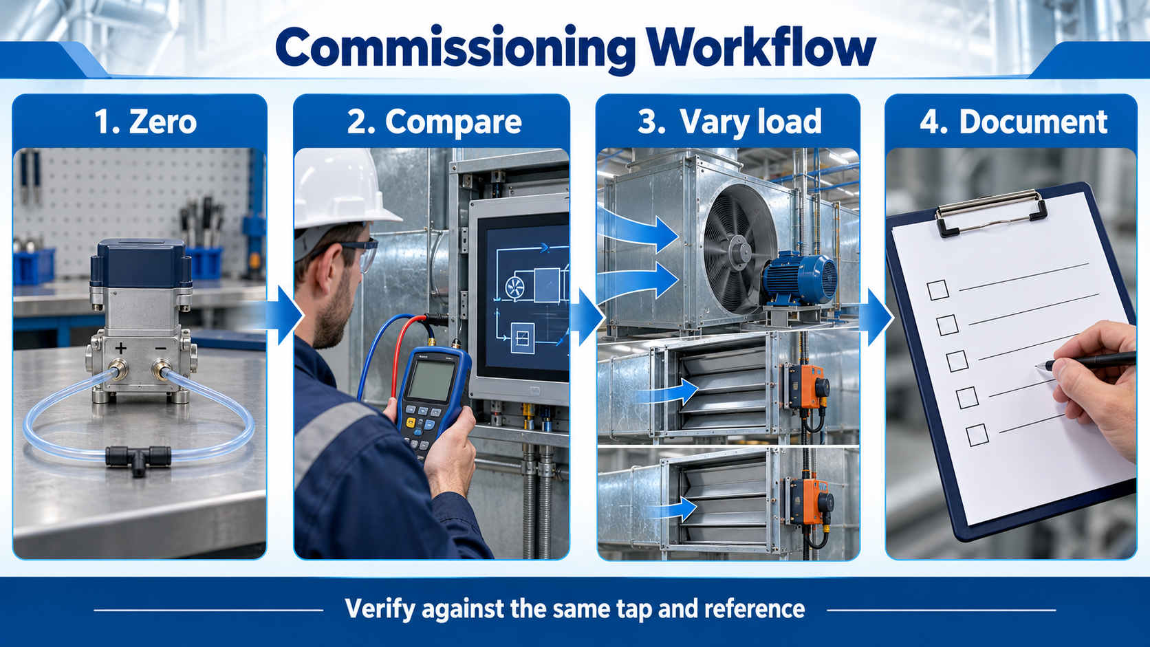 AI four-step HVAC pressure commissioning graphic showing zero comparison load variation and documentation