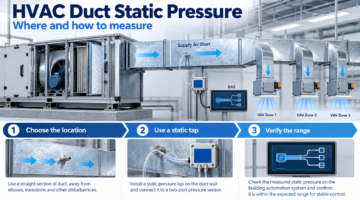 AI infographic of an air handling unit supply duct static tap sensor and VAV zones