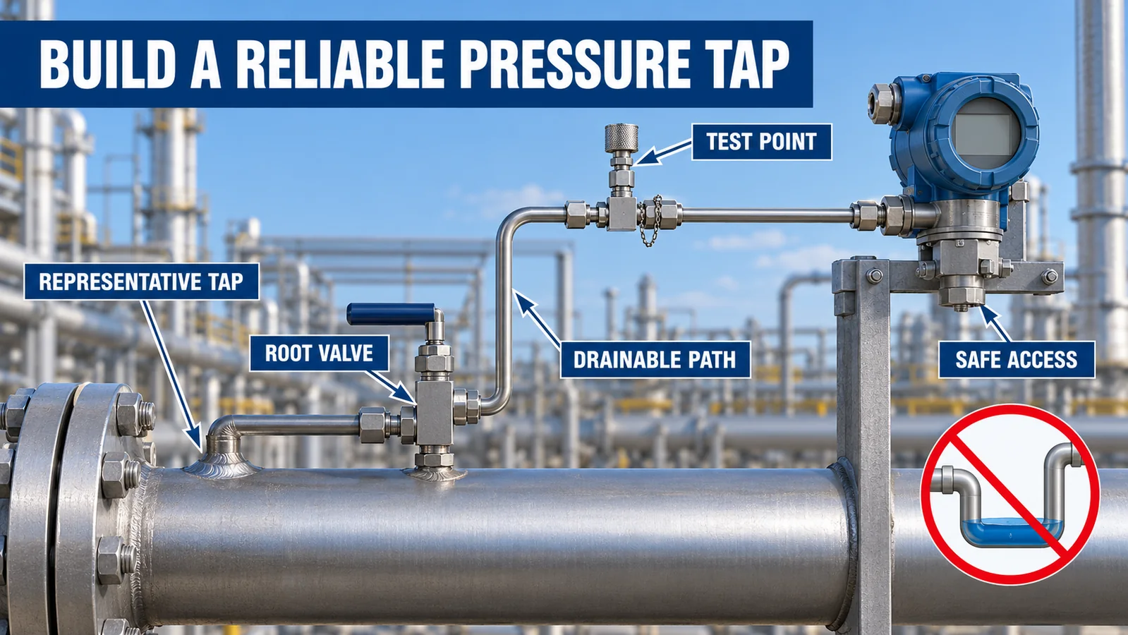 AI diagram of a maintainable natural gas pressure tap with isolation and test access