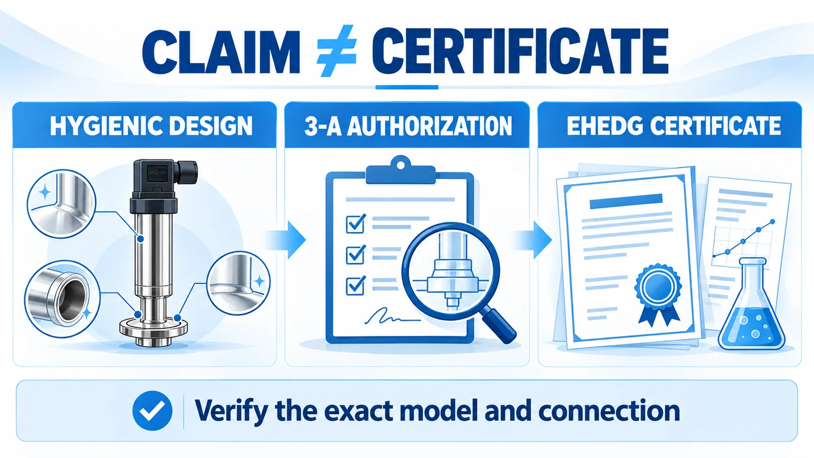 AI infographic distinguishing a hygienic design claim from 3-A authorization and an EHEDG certificate