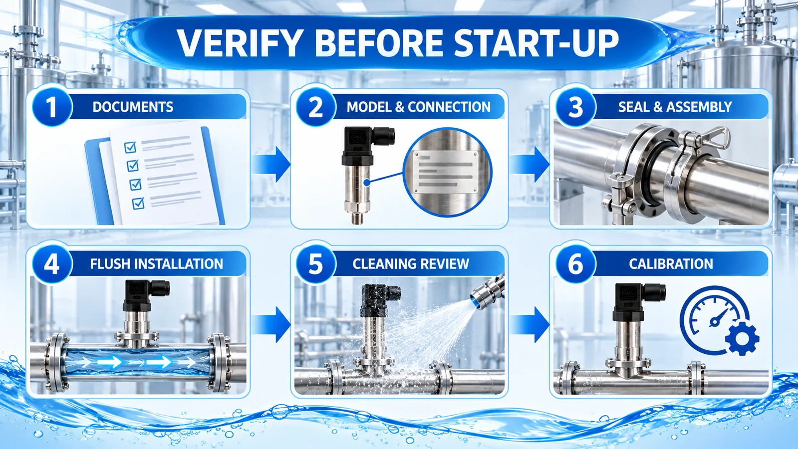 AI six-step workflow for verifying a hygienic pressure sensor installation before start-up