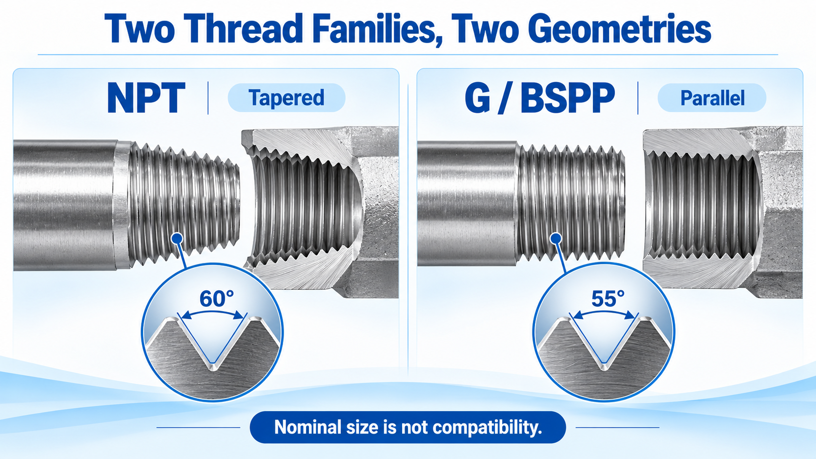 AI diagram contrasting a tapered 60-degree NPT thread with a parallel 55-degree G thread