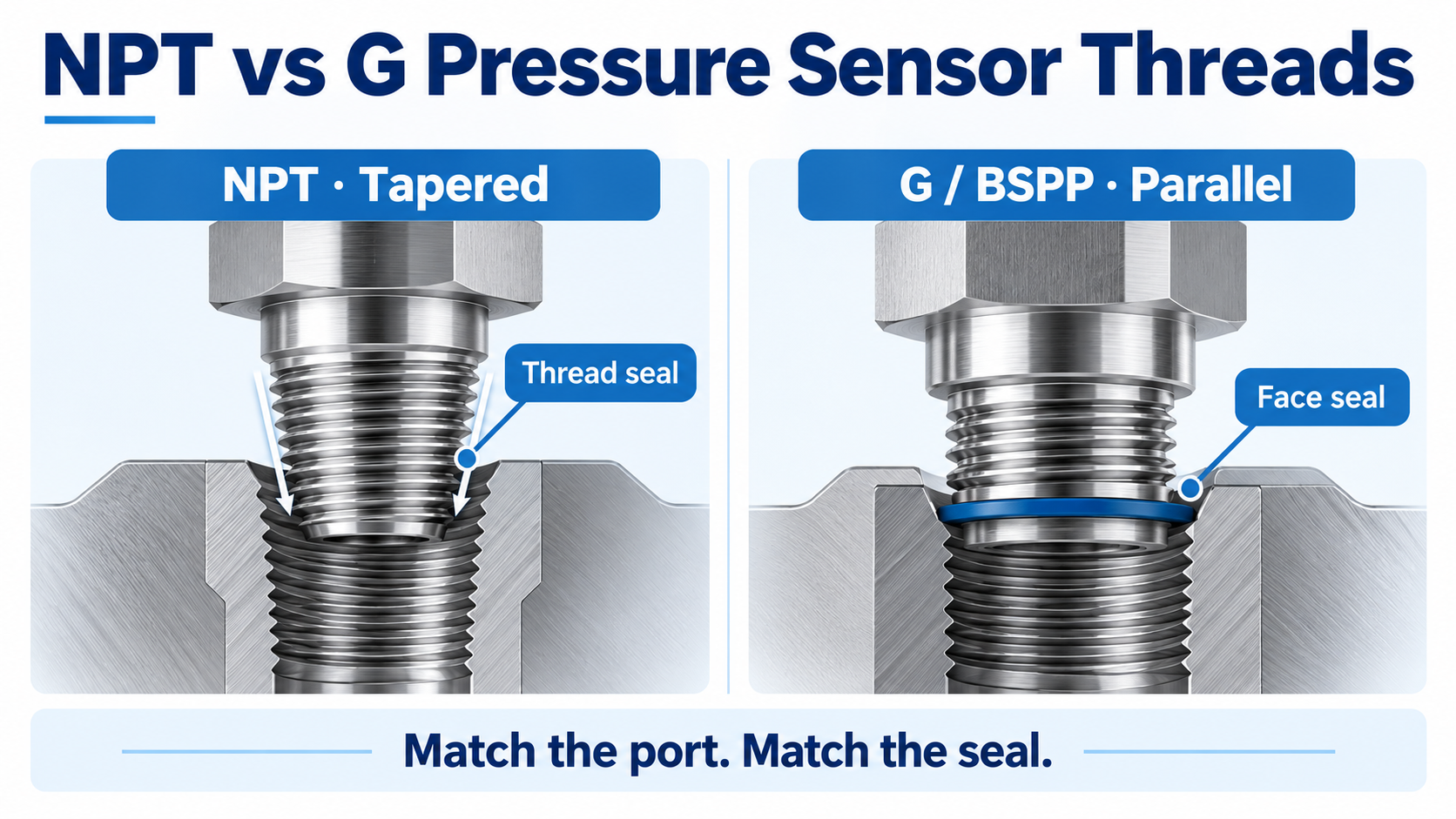 AI infographic comparing a tapered NPT pressure fitting with a parallel G fitting and its face seal