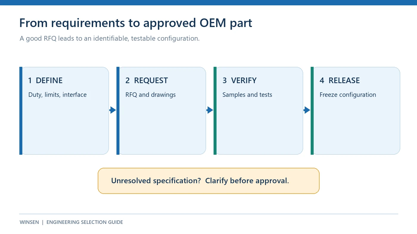 OEM pressure sensor sourcing flow from requirements through RFQ sample testing and approved configuration