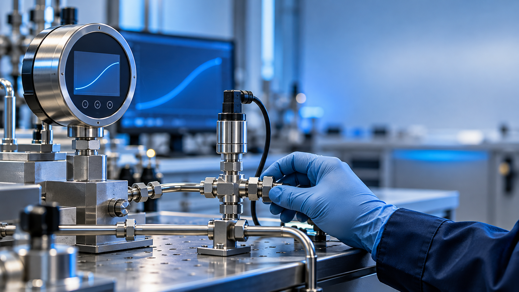 AI-generated unbranded pressure calibration setup in a metrology laboratory