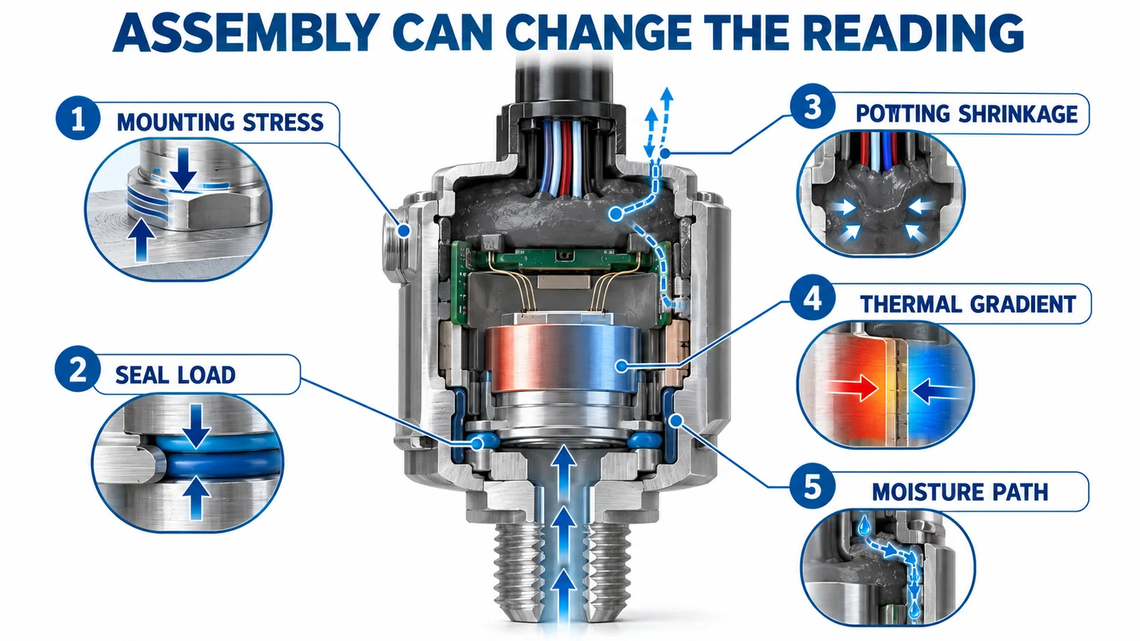 AI cutaway showing assembly stresses and environmental paths around a pressure sensor core