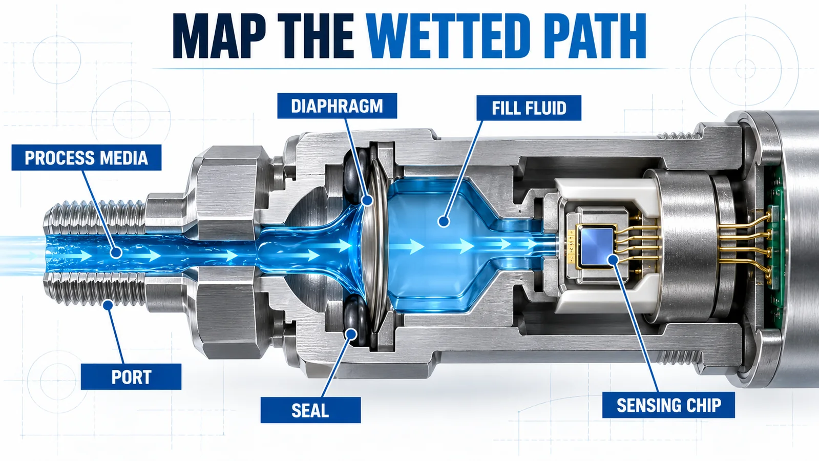 AI cutaway mapping every material layer between process media and a pressure sensing chip