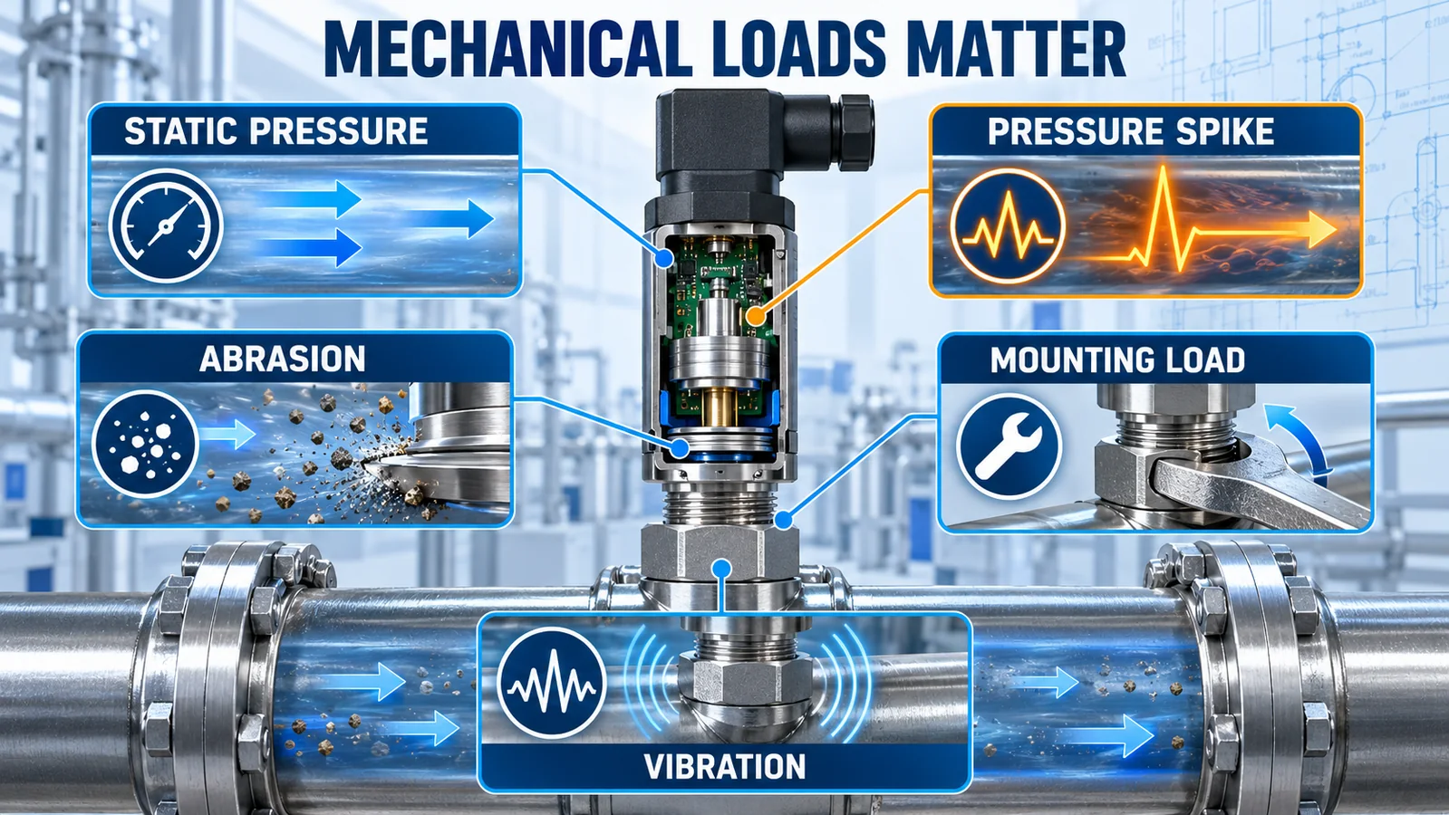 AI infographic showing static pressure spikes abrasion mounting loads and vibration around a pressure sensor