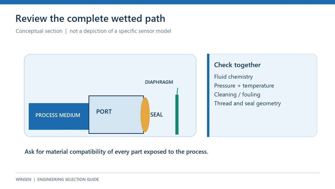 Conceptual pressure sensor process port with wetted diaphragm and seal highlighted