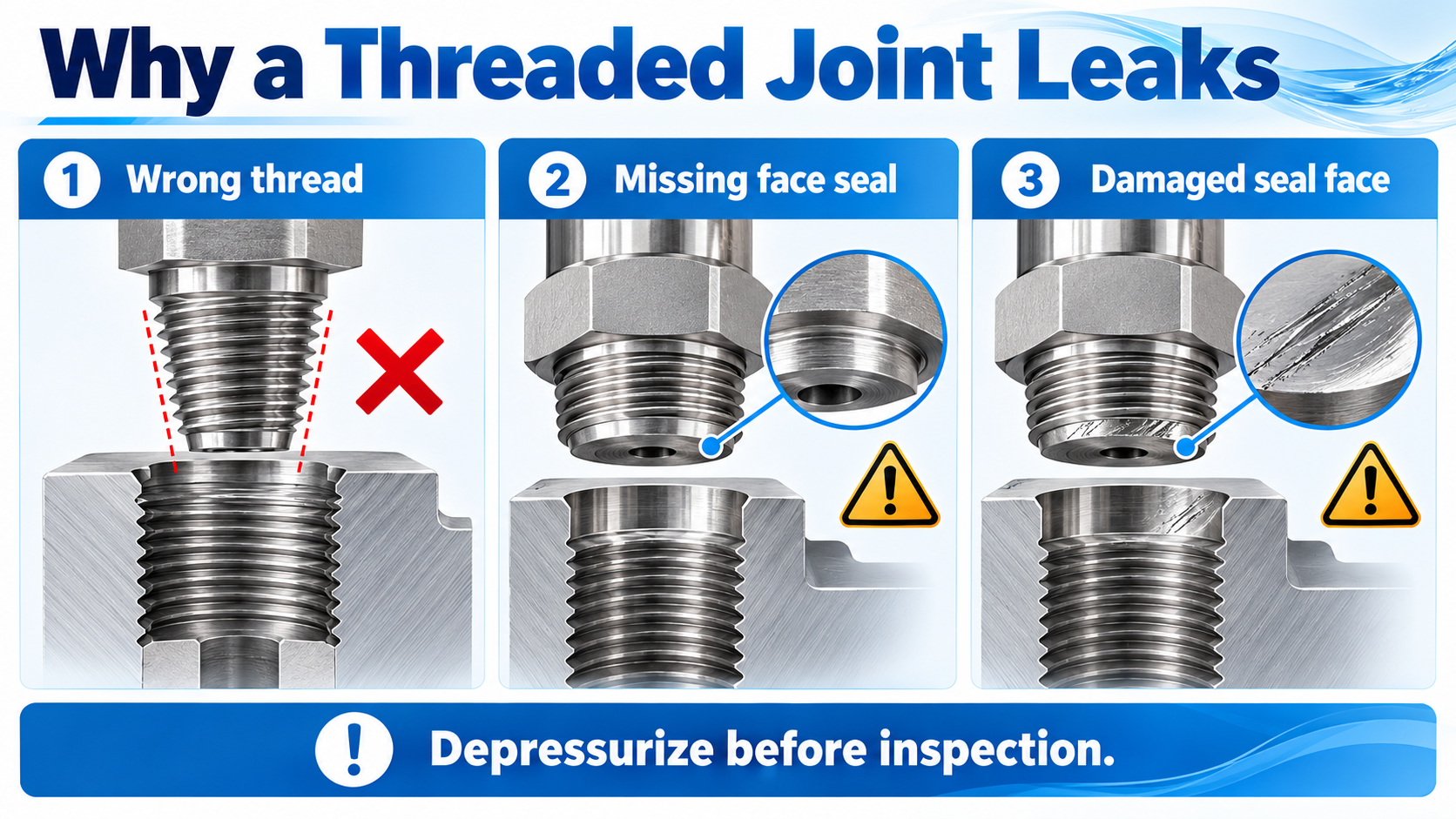 AI troubleshooting infographic of a mismatched thread missing face seal and damaged sealing surface