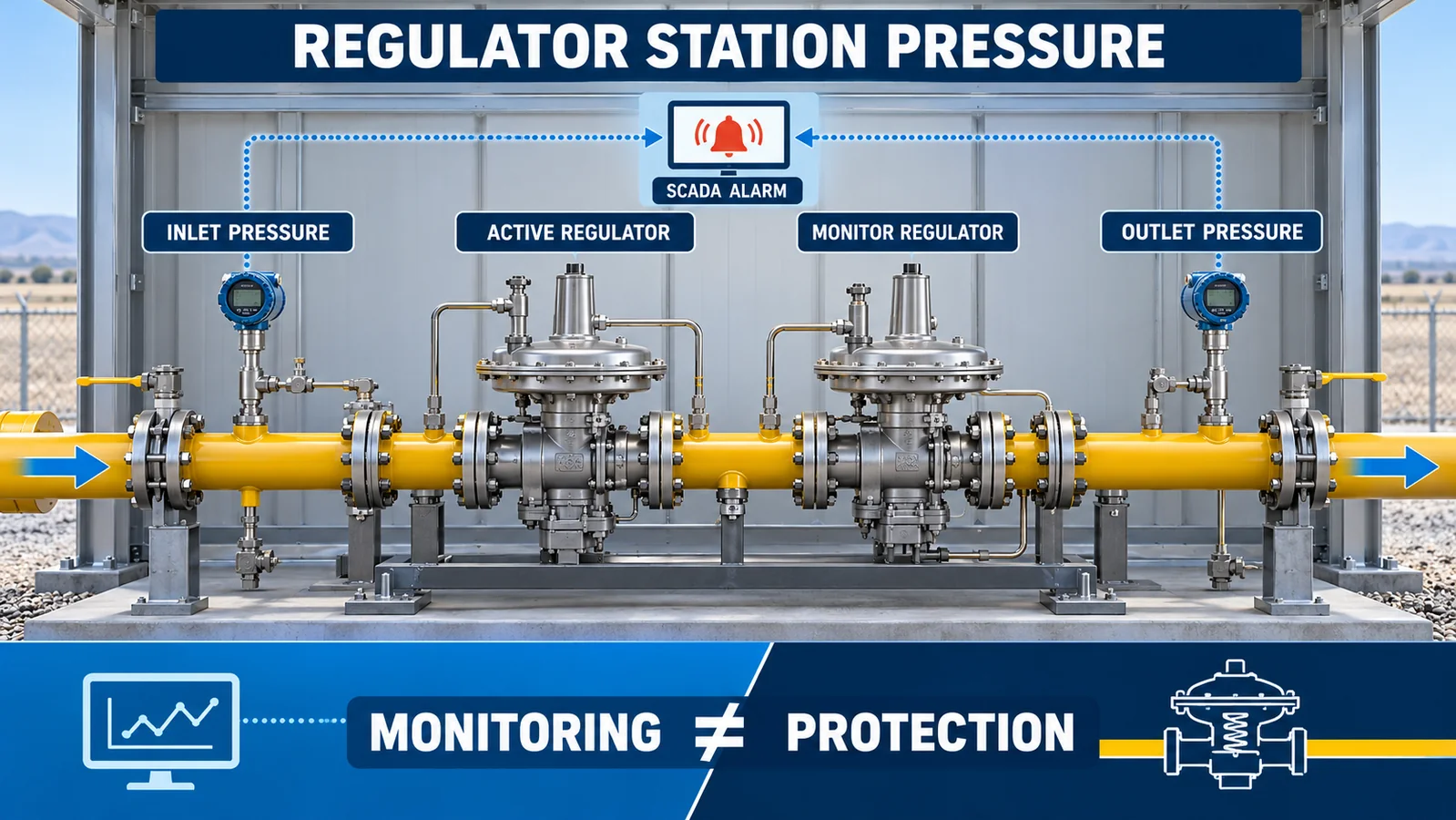 AI diagram showing inlet and outlet pressure monitoring around active and monitor regulators