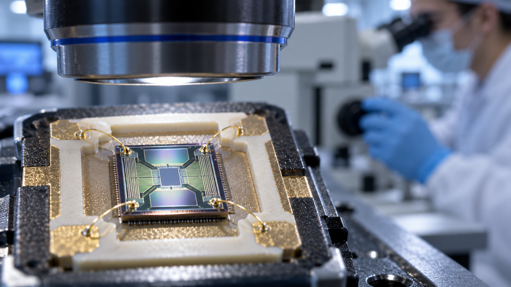 AI-generated microscopic view of an unbranded sensor die with four bond wires