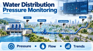 AI infographic of pressure monitoring from a water source through a DMA inlet to critical and far-end nodes