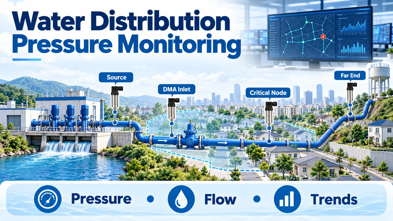 AI infographic of pressure monitoring from a water source through a DMA inlet to critical and far-end nodes