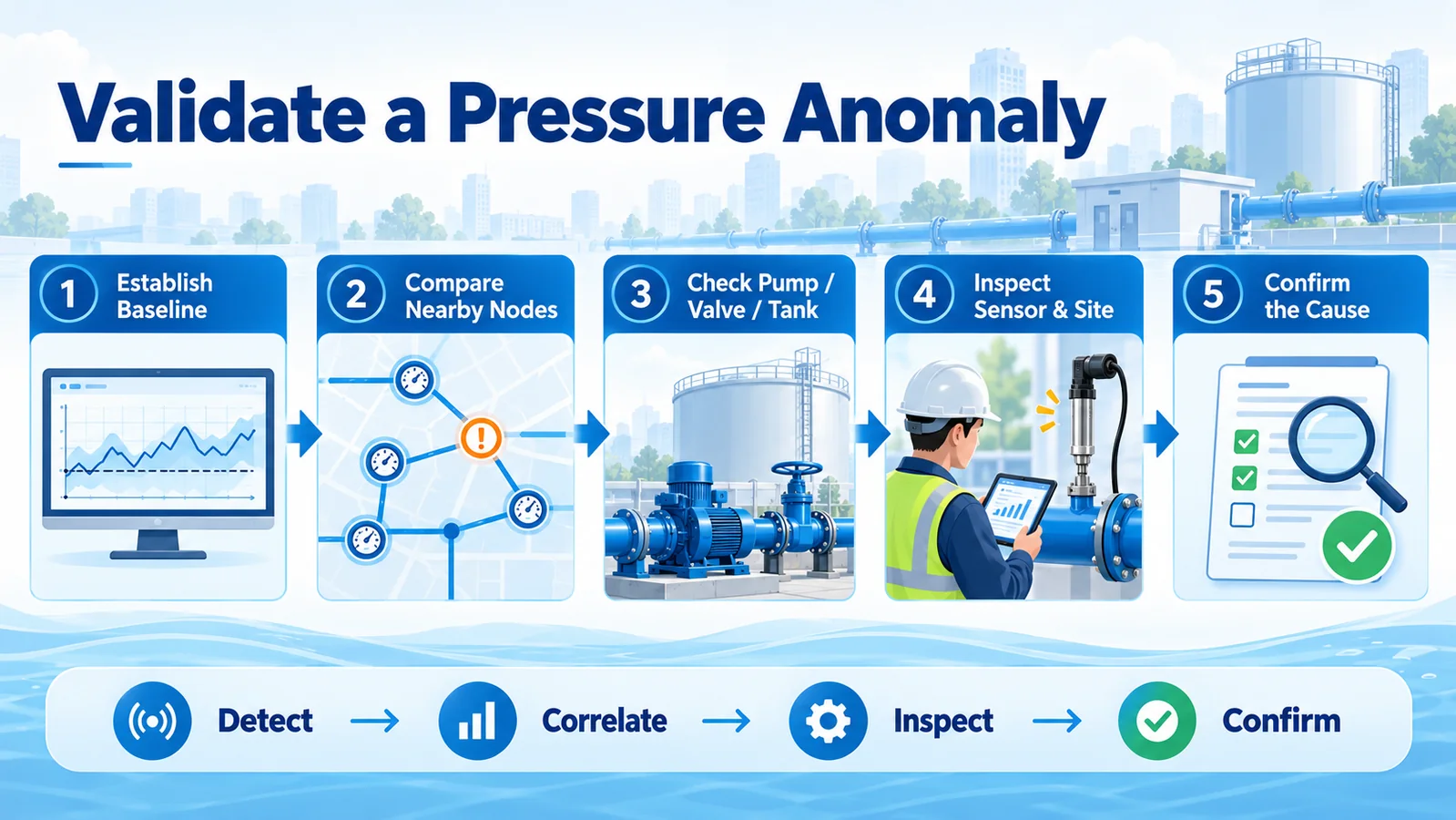 AI five-step workflow for validating a water-network pressure anomaly