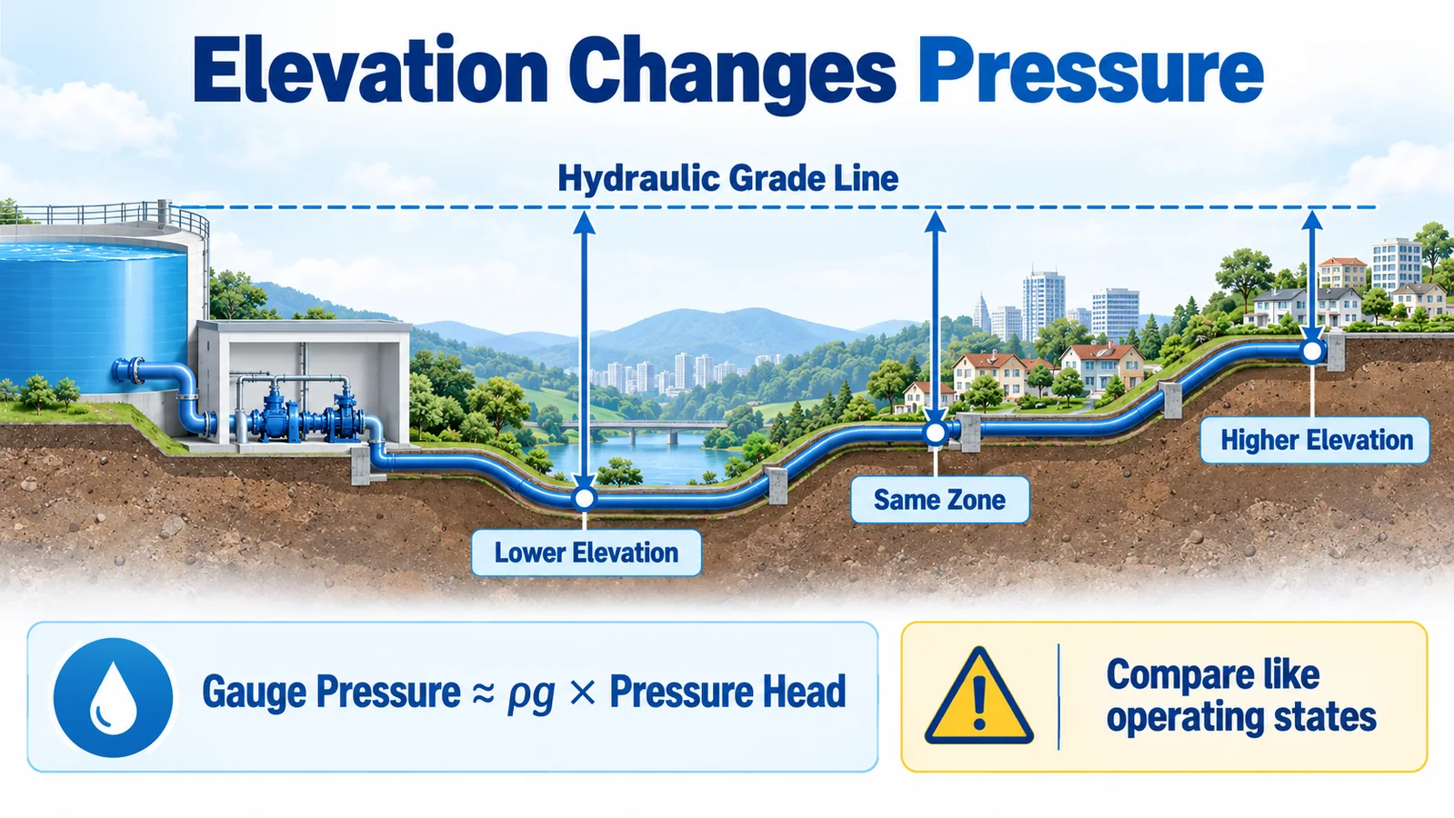 AI cross-section showing how elevation and hydraulic grade affect gauge pressure in a water network