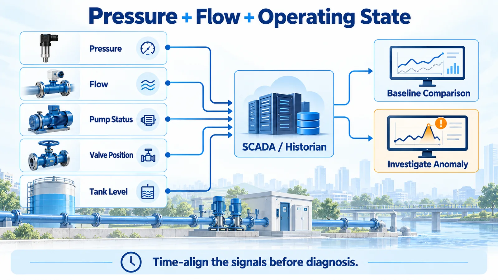 AI architecture linking pressure and flow sensors with pump, valve and tank status in SCADA